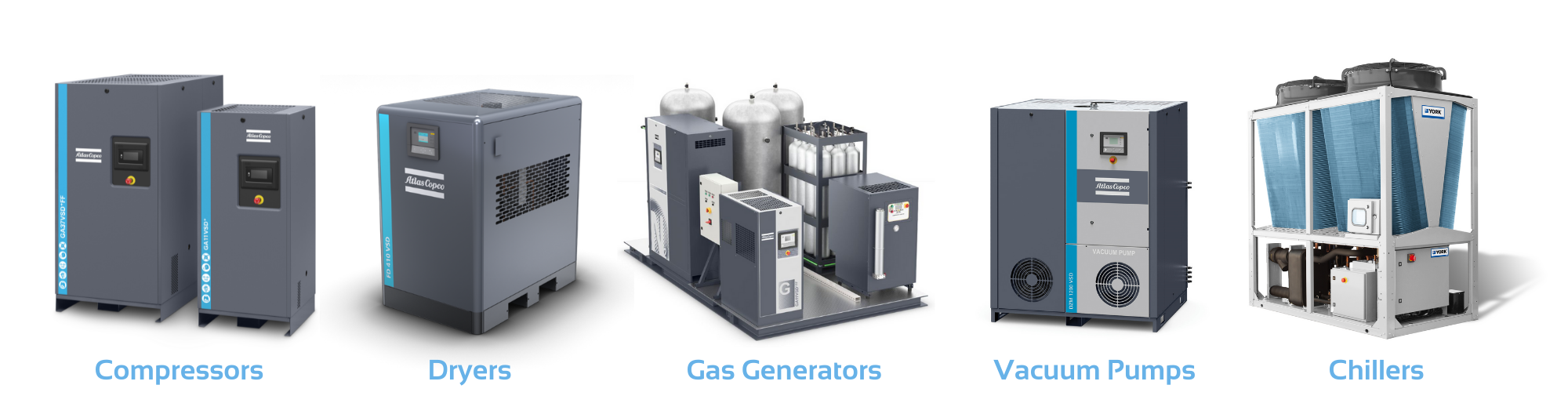 compressor, dryer, gas generator, vacuum pump, chiller