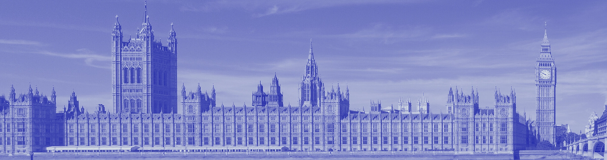 wide angle image of the UK houses of parliament with a blue filter
